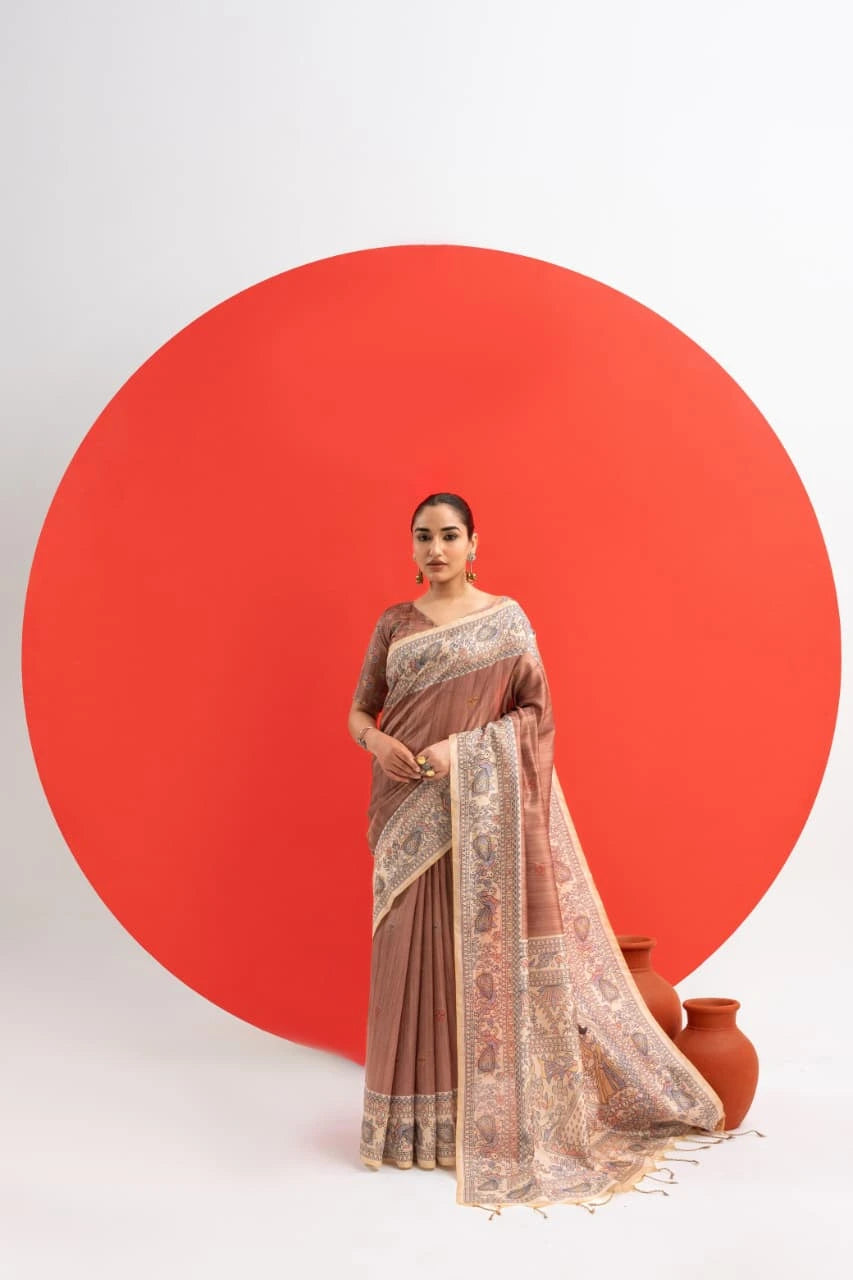 Light Brown Soft Tussar Silk Saree Kalyanja Fashion